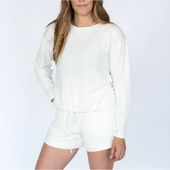 all fenix Tops - All Fenix White/Cream Ribbed Leo Drawstring Front Cropped Sweater Size Small EUC